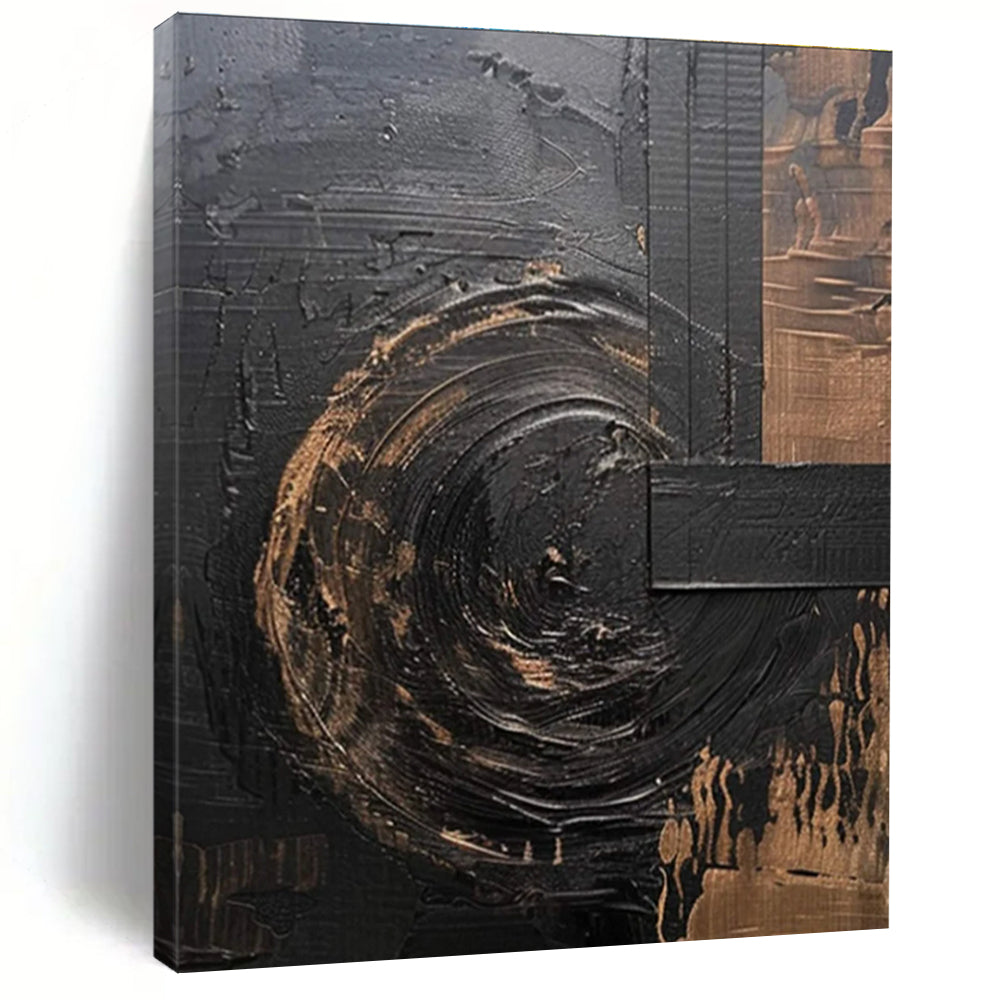 Black - Gold Abstract Painting with Swirling Textures ADGE476