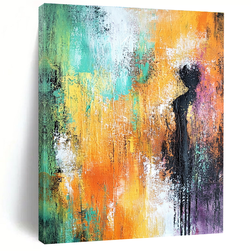 Large abstract painting featuring soft orange and green tones with hints of yellow and purple and a textured background for elegant decor.STSC248