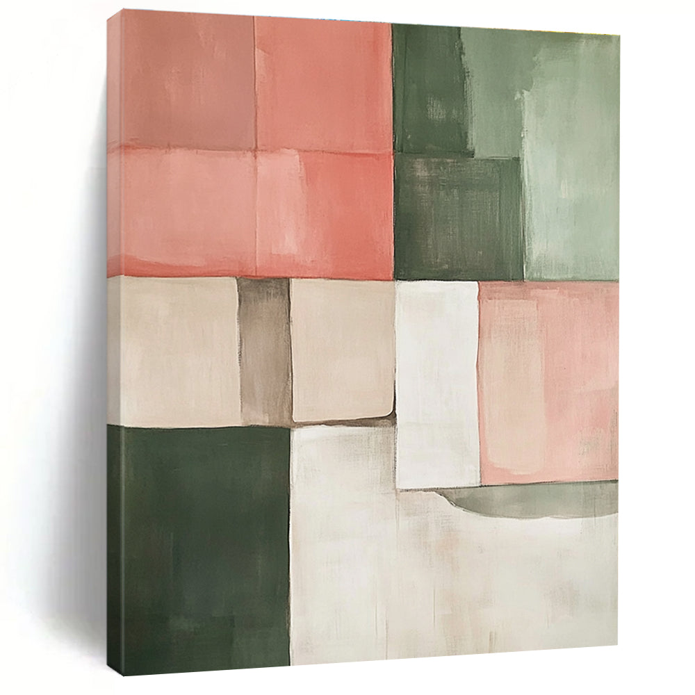 Large abstract painting in earthy tones of pink green and beige featuring geometric shapes perfect for modern decor.STSC243
