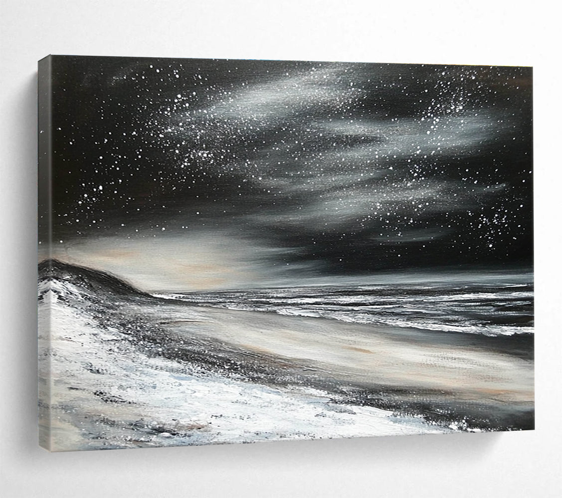 Starry Night Beach Abstract Painting in Black and White DYP453