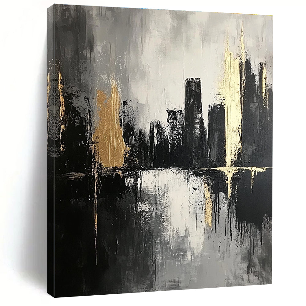Large abstract painting featuring thick brush strokes in dark grays and subtle gold highlights creating an atmospheric monochromatic cityscape on canvas.STSC020