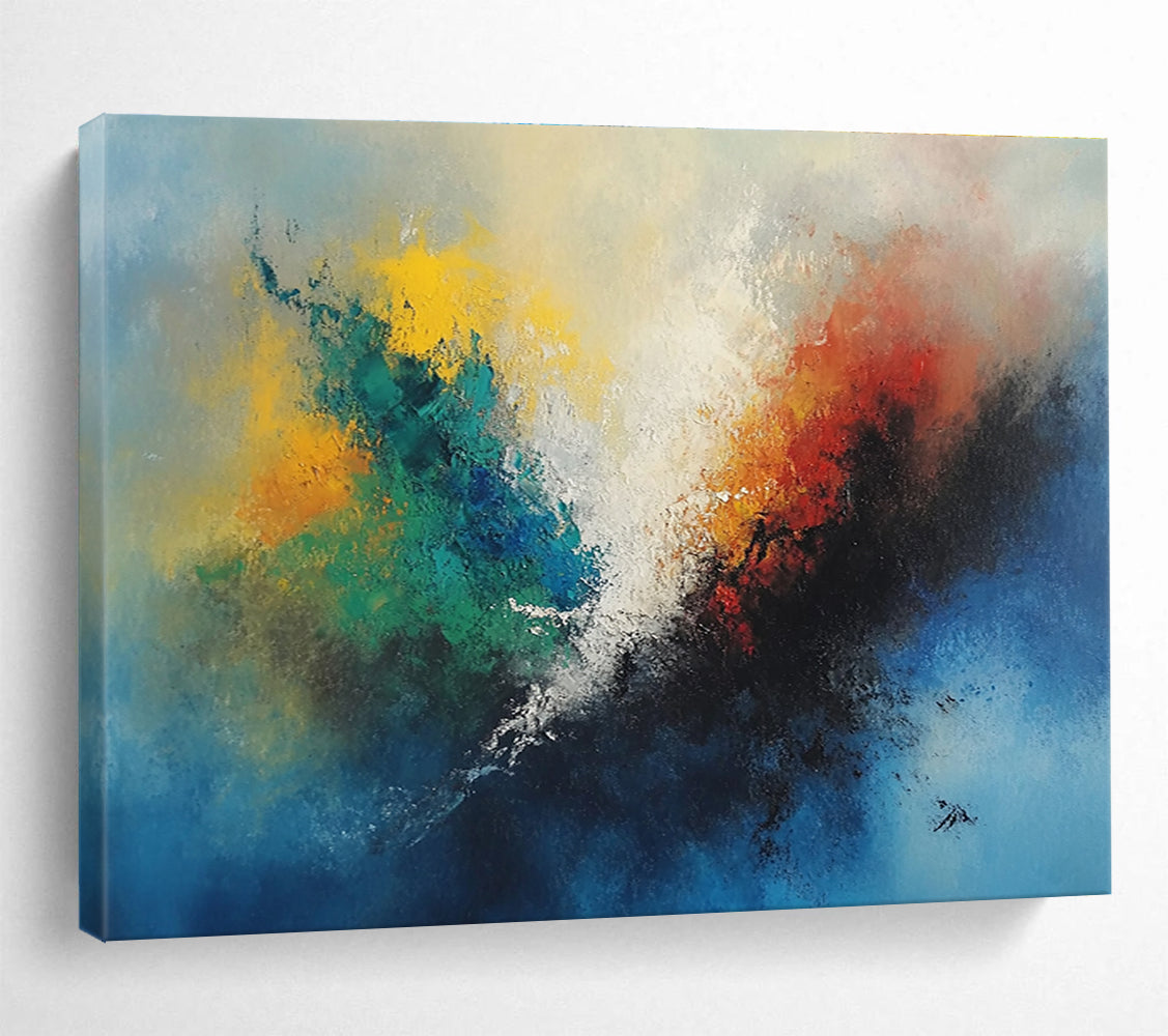 A large abstract painting featuring vibrant colors with a central fire-like figure and serene sky blue background.SC323