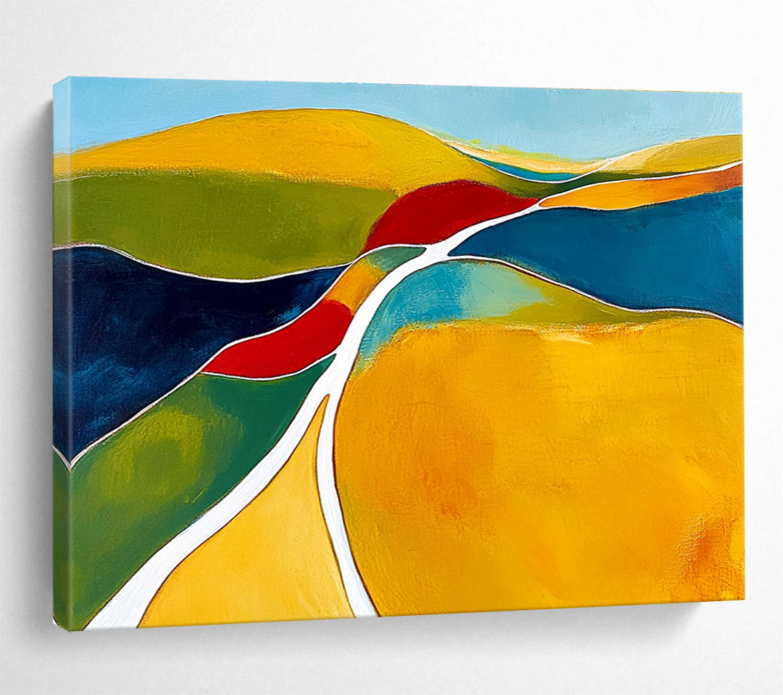 Large abstract painting featuring organic shapes in yellow and green with white lines contrasted against dark blue light red and clear sky blue.SC069