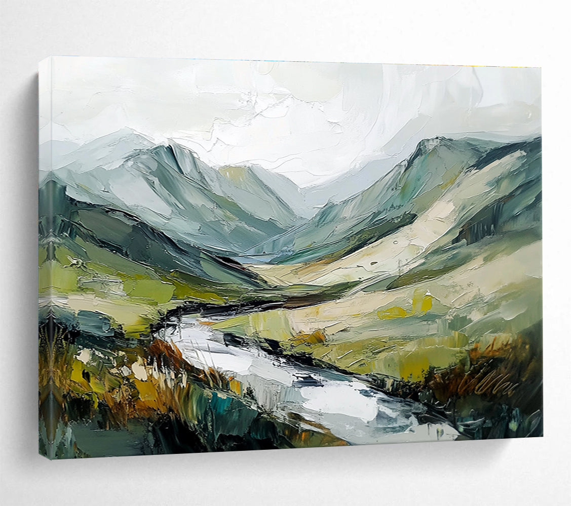 Large abstract painting of an Irish landscape with green and gray mountains flowing river and textured brush strokes against a white sky.SC596