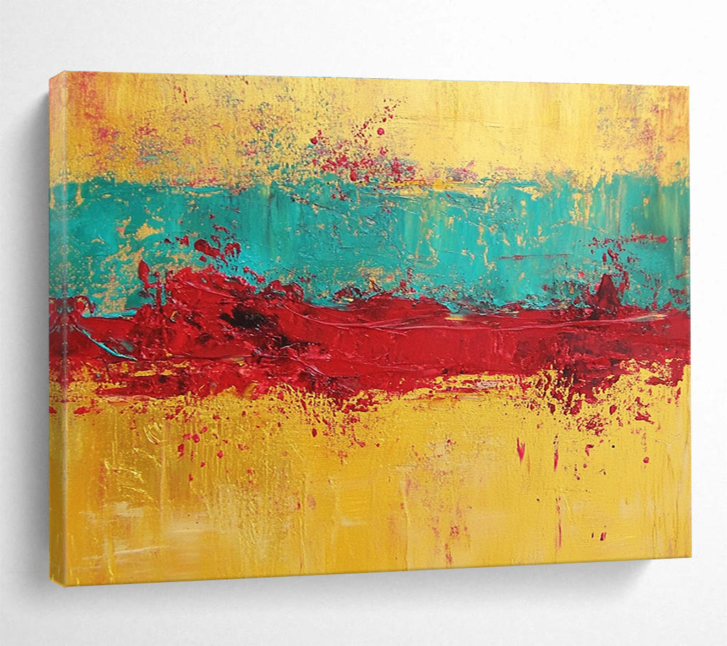 Gold Teal Red Abstract Painting with Textured Layers DYP428