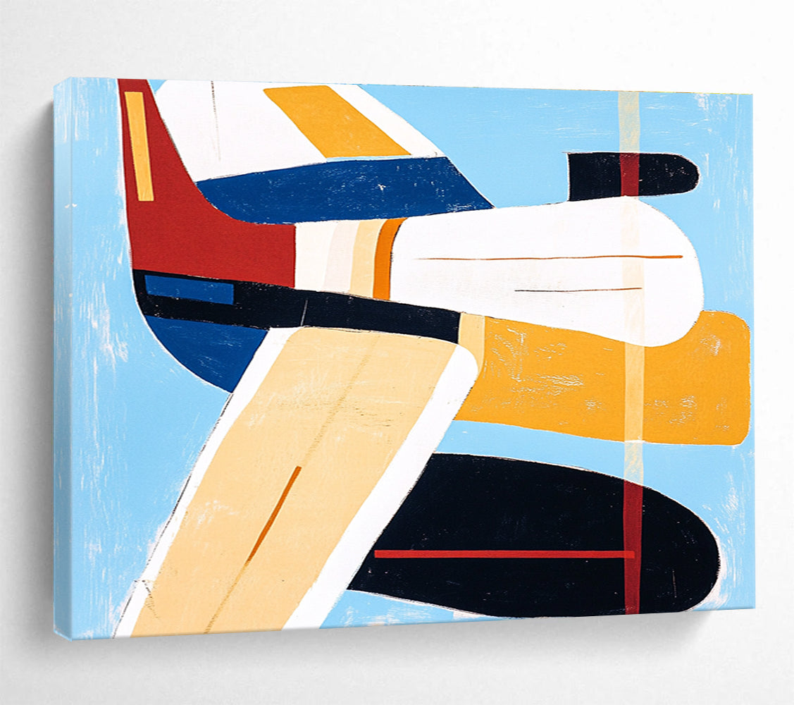 Large abstract painting of an airplane with bold lines and vibrant colors including blue, red, yellow, and orange in the style of Mary Blair.SC040