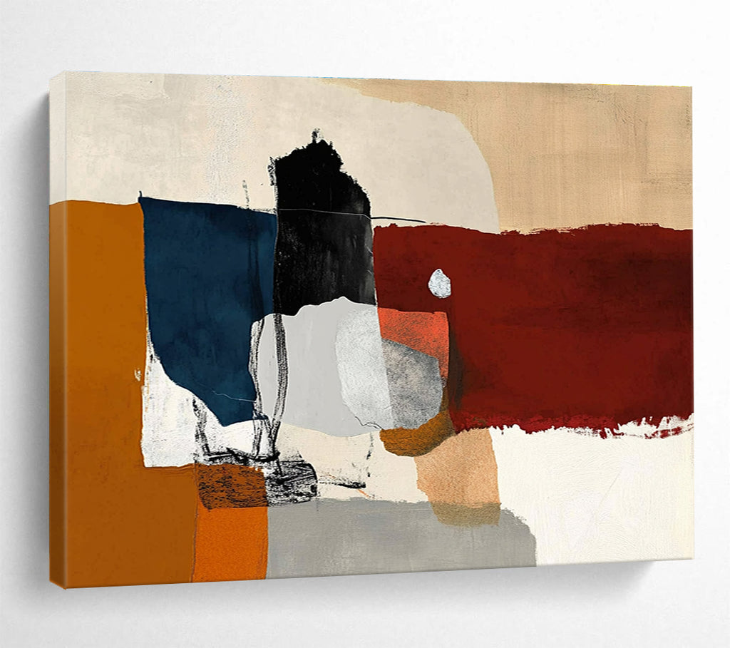 A large abstract painting featuring minimalistic shapes, dark red and orange hues, with white, grey, and blue accents in a loose collage style.SC329