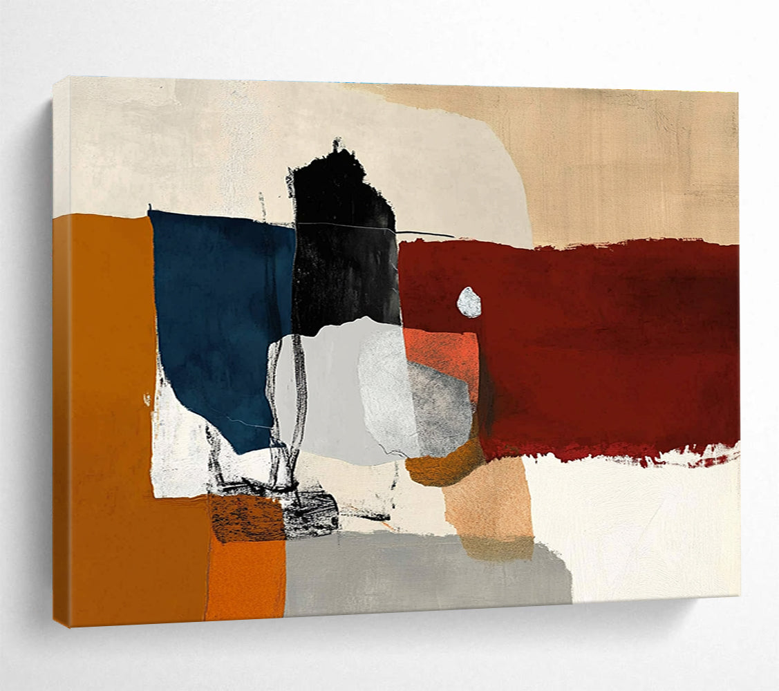 A large abstract painting featuring minimalistic shapes, dark red and orange hues, with white, grey, and blue accents in a loose collage style.SC329