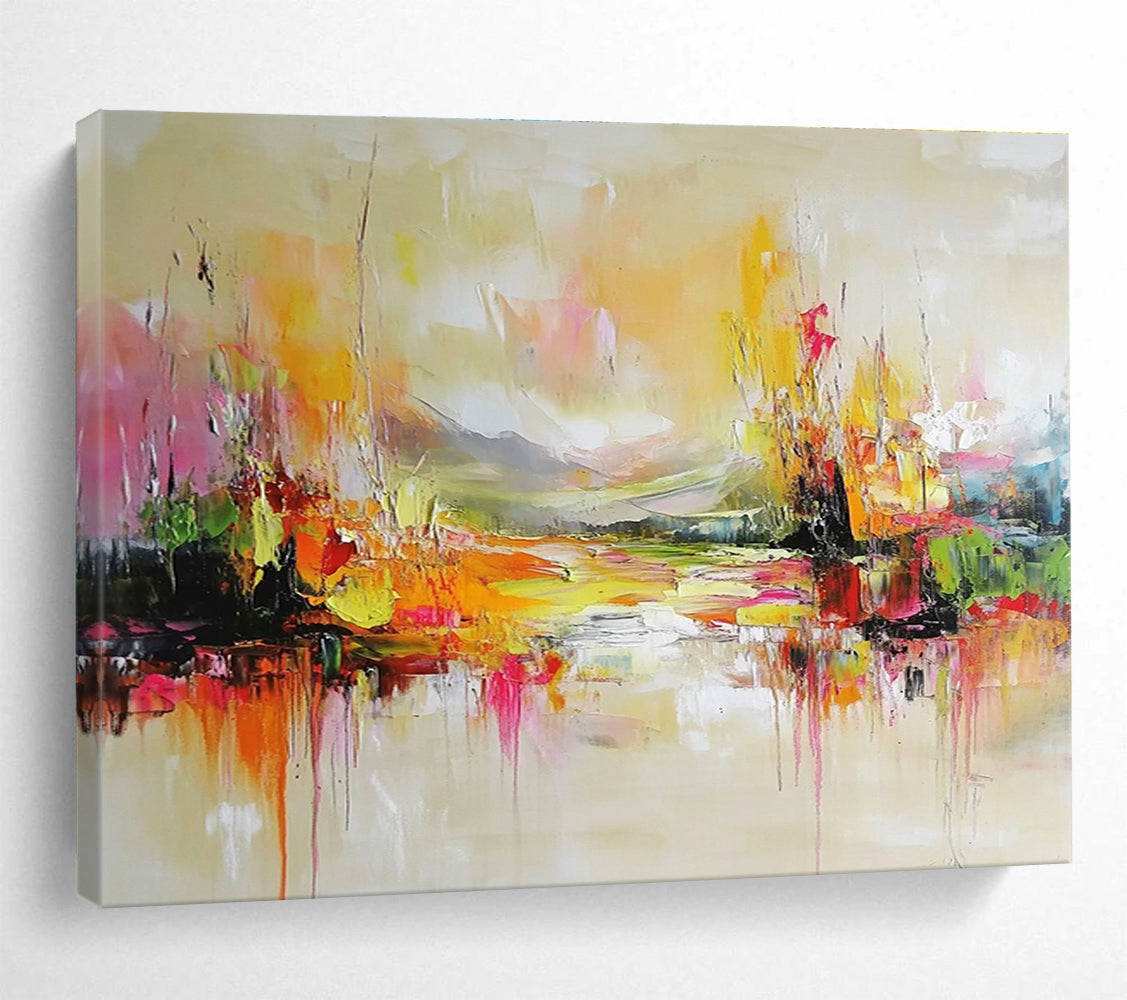 Large abstract painting featuring colorful landscape soft tones and intricate layers creating a dreamy tranquil ambiance that reflects nature.SC138