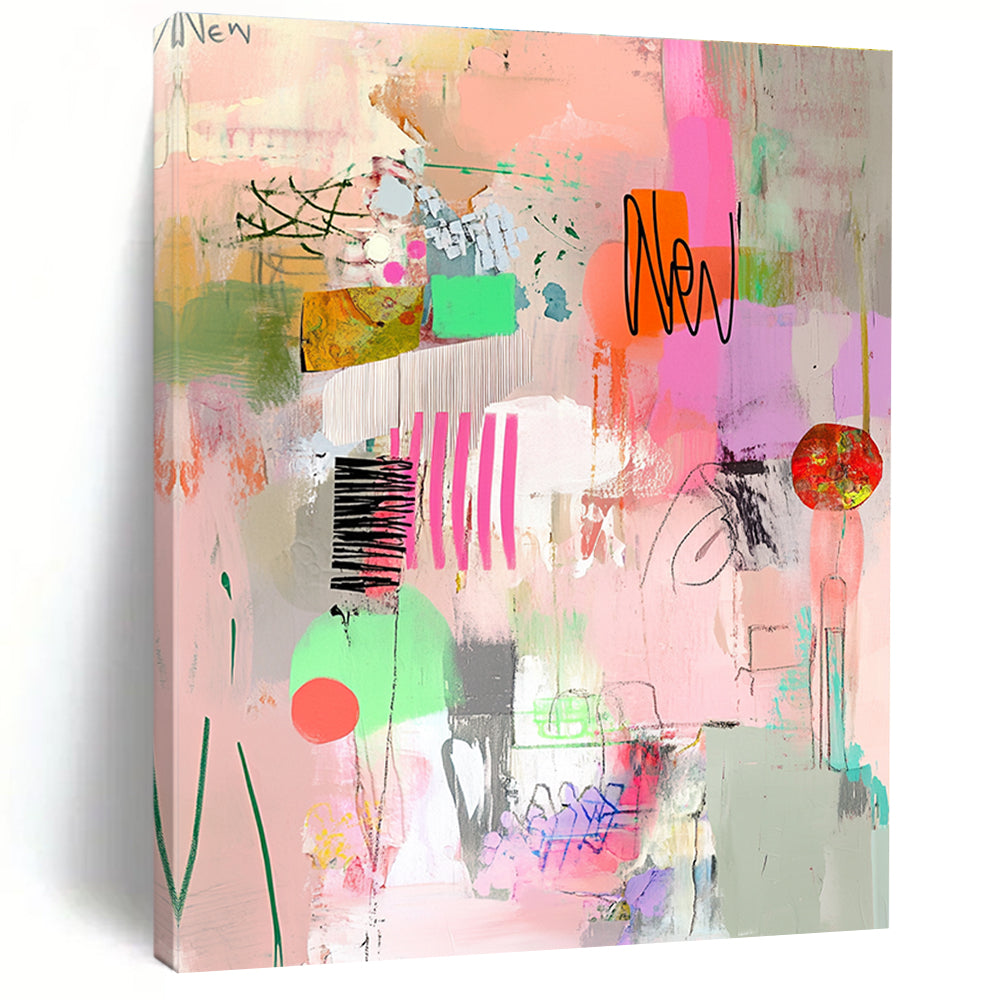 A large abstract painting featuring pink and green tones collage elements and visible brush strokes conveying a whimsical feminine sensibility.STSC649