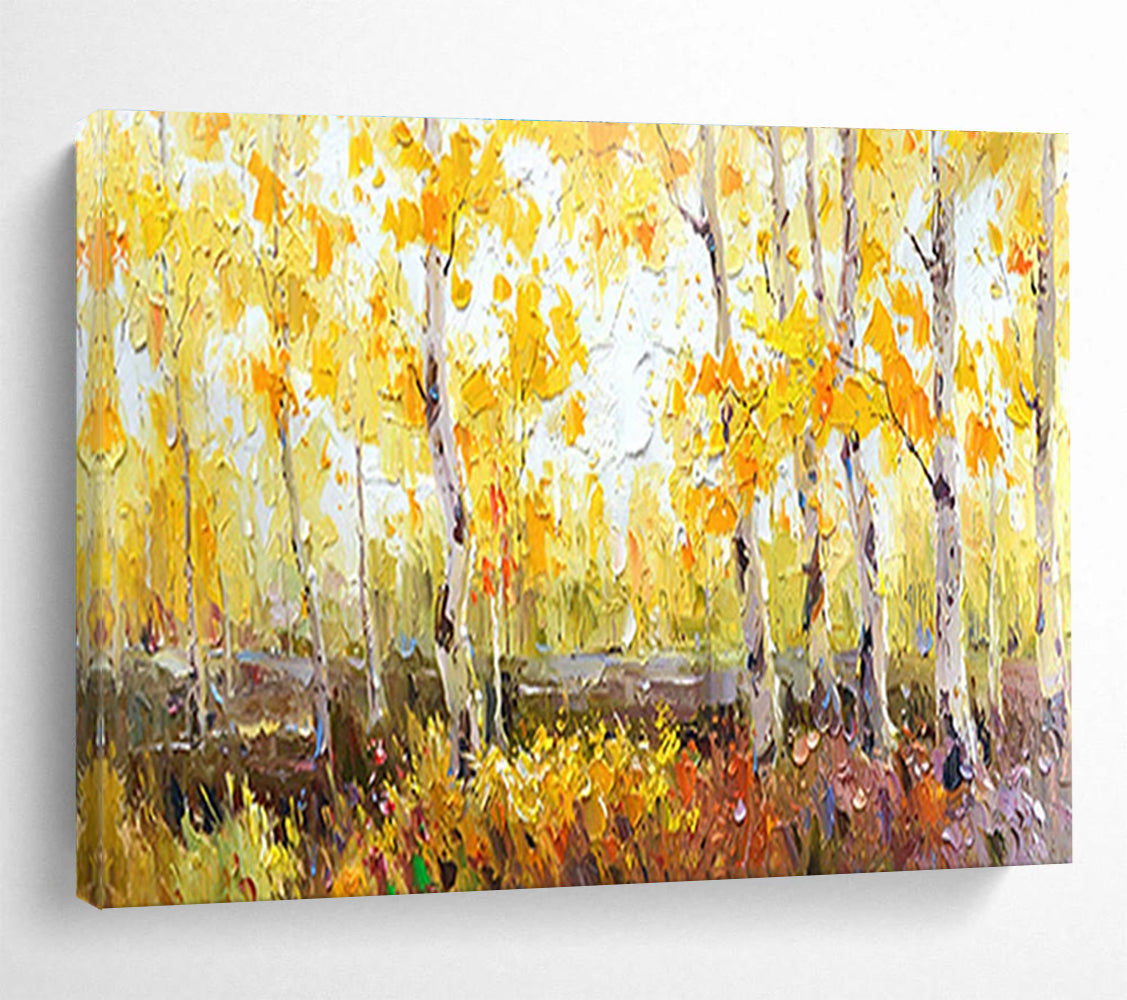 Autumn Birch Forest Abstract Painting with Yellow, Green, and Brown Tones THY212