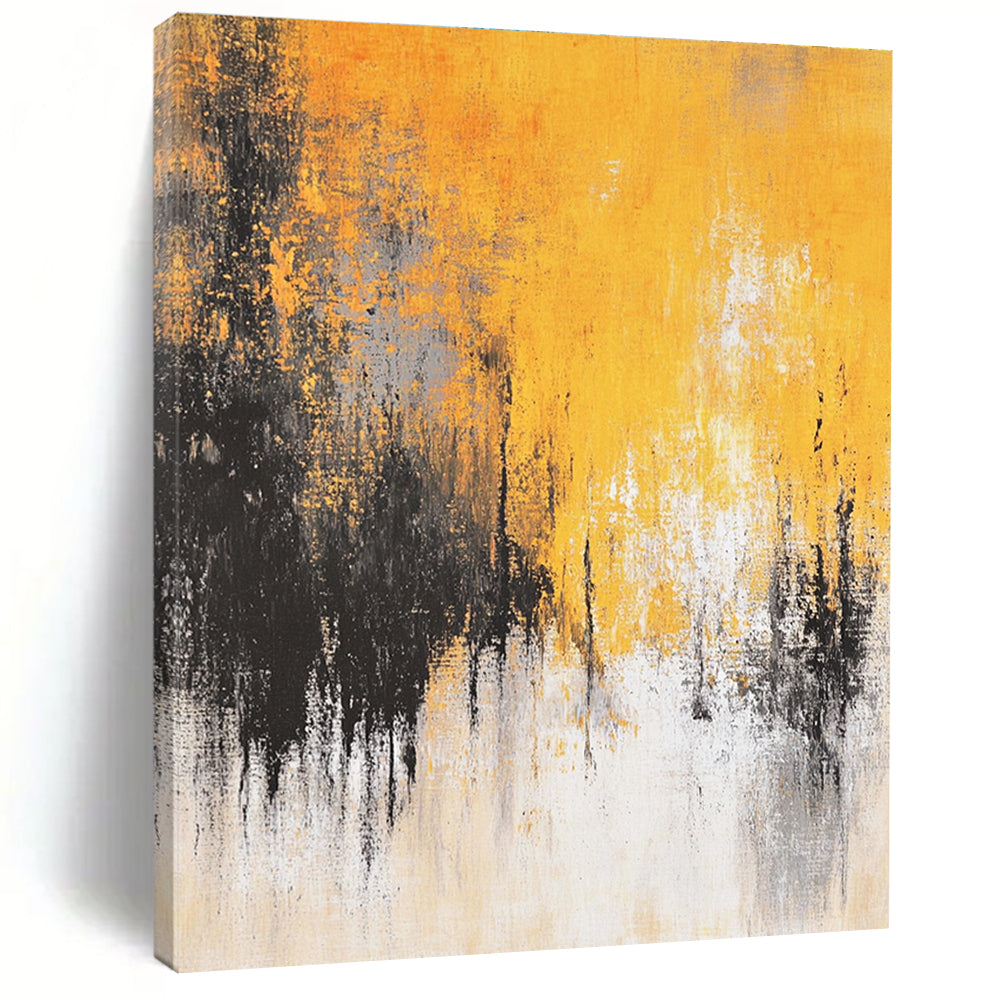 Large abstract painting featuring faded textures and dreamy shades of mustard yellow grey white and black depicting distant trees and a flowing river.STSC728