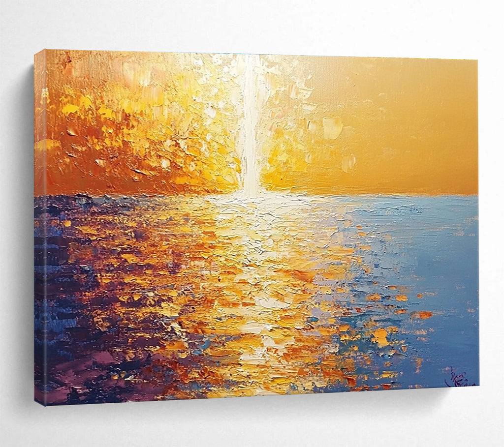 Golden Sunset Sea Abstract Painting with Reflective Textures DYP264