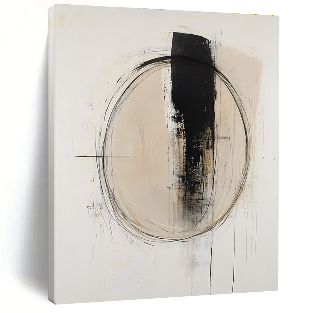 Beige Black Abstract Painting with Minimalist Circles GER784
