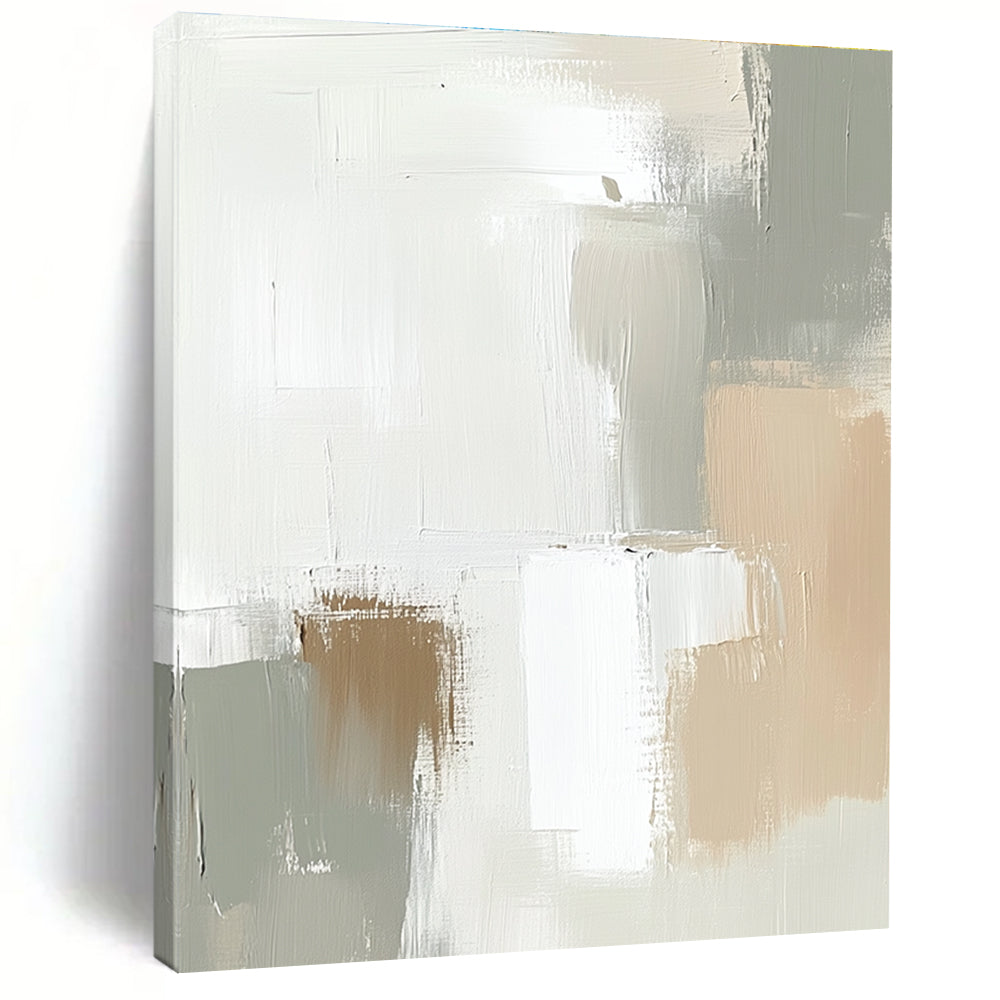 Large abstract painting in soft tones of white and beige featuring soft strokes and neutral shapes that blend harmoniously.STSC379
