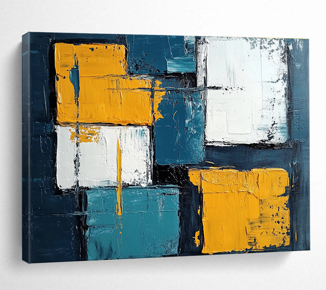 Geometric Abstract Painting with Blue Yellow and White Blocks DYP281
