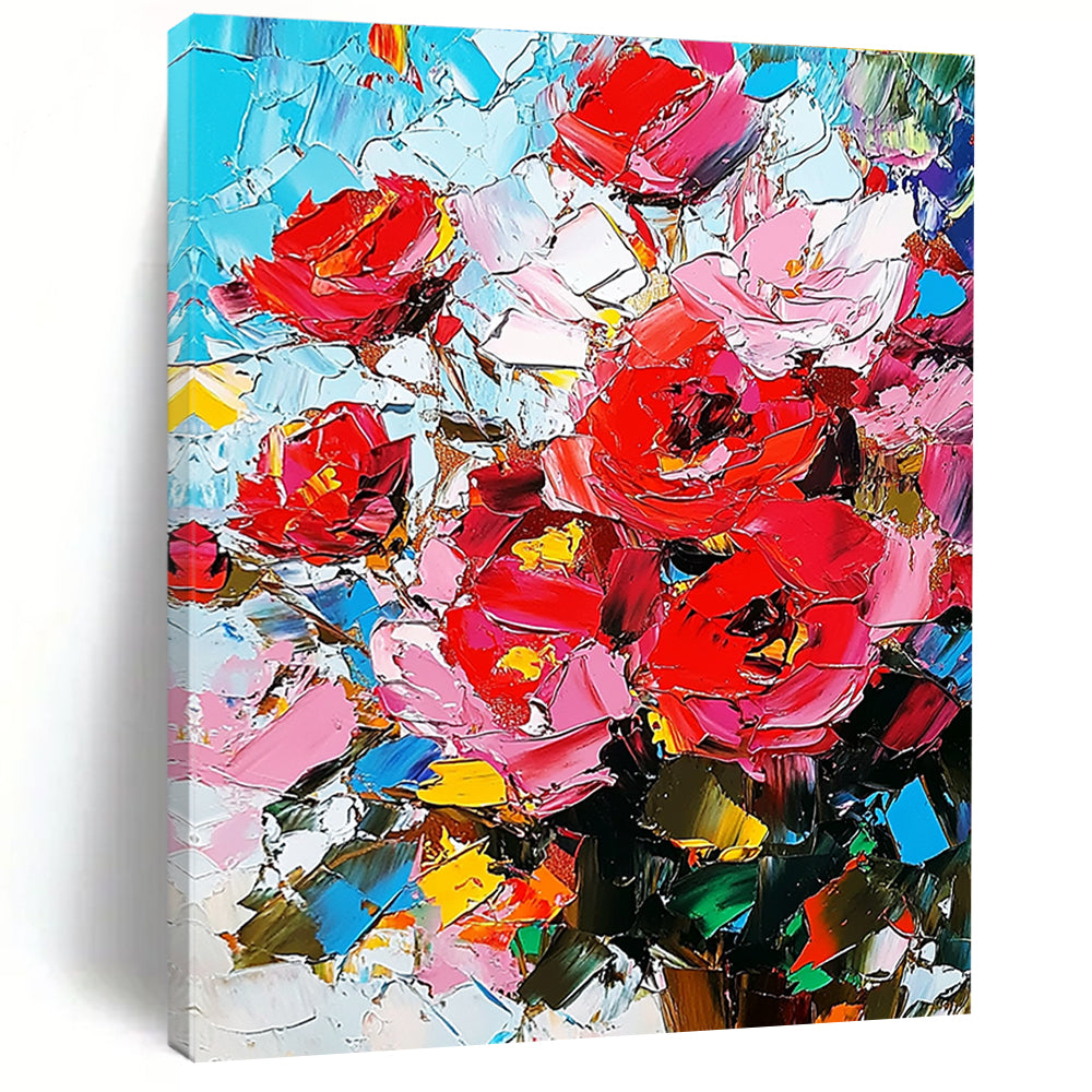 Large abstract painting featuring red roses with a palette knife technique showcasing high-contrast pink and blue hues on canvas.STSC927