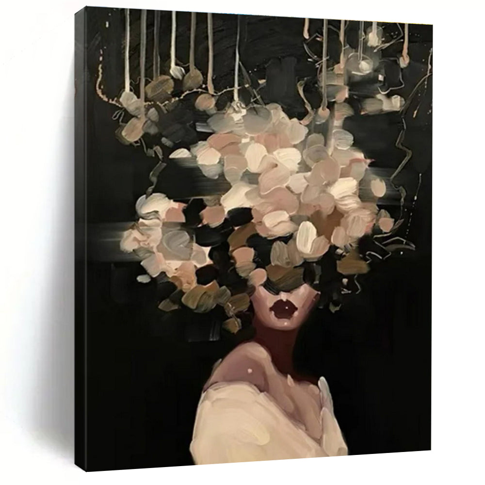 Blush Flower Head Woman Abstract Painting on Dark Background ADGE326