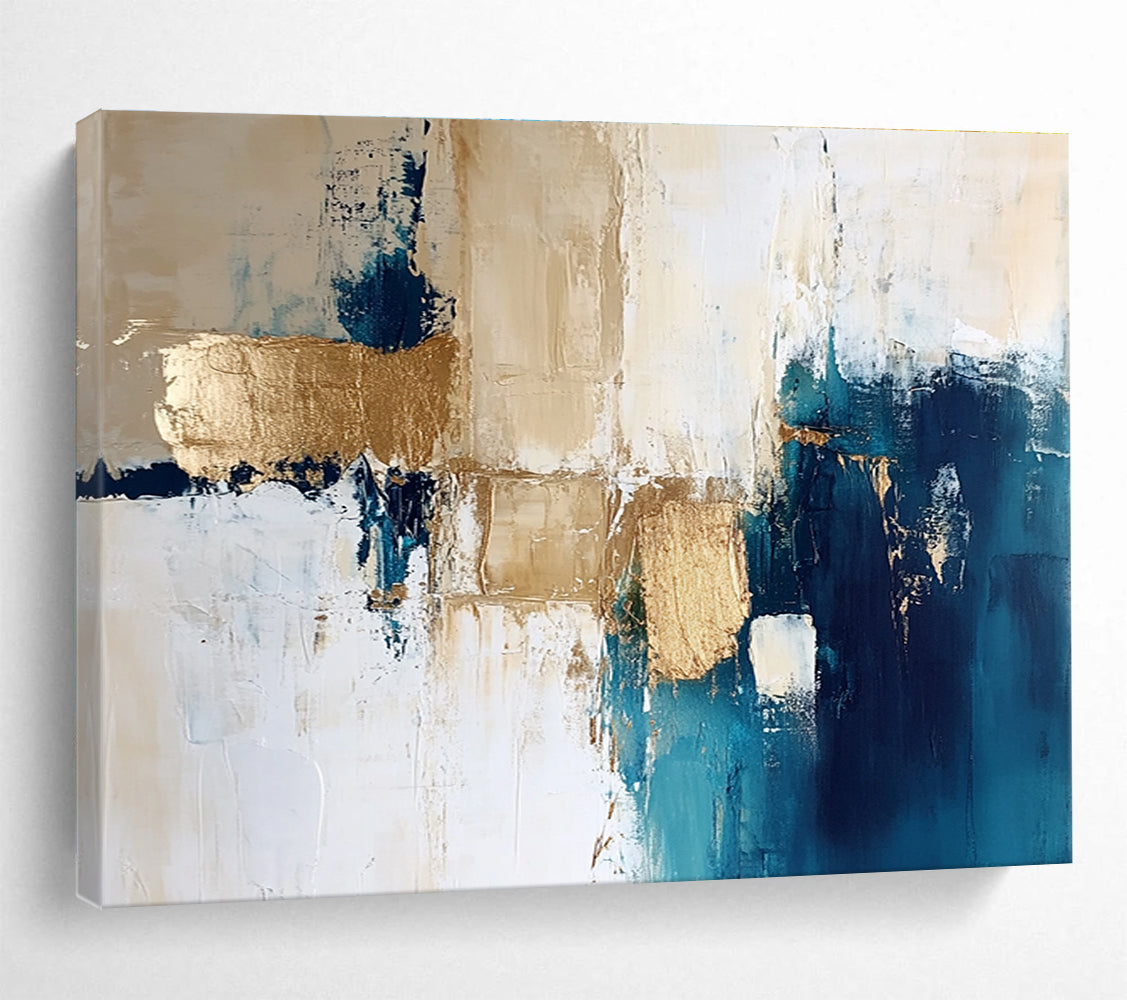 Large abstract painting in blue and gold with white beige and cream tones ideal for modern decor and artistic spaces.SC024