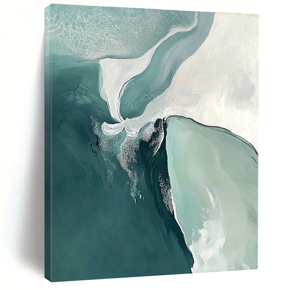 Large abstract painting featuring turquoise sea and white sand beach with soft edges and minimalist composition evoking peace and serenity.STSC534
