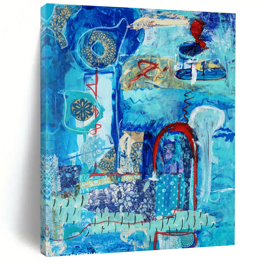 Blue - themed Collage Abstract Painting with Patterns ADGE296