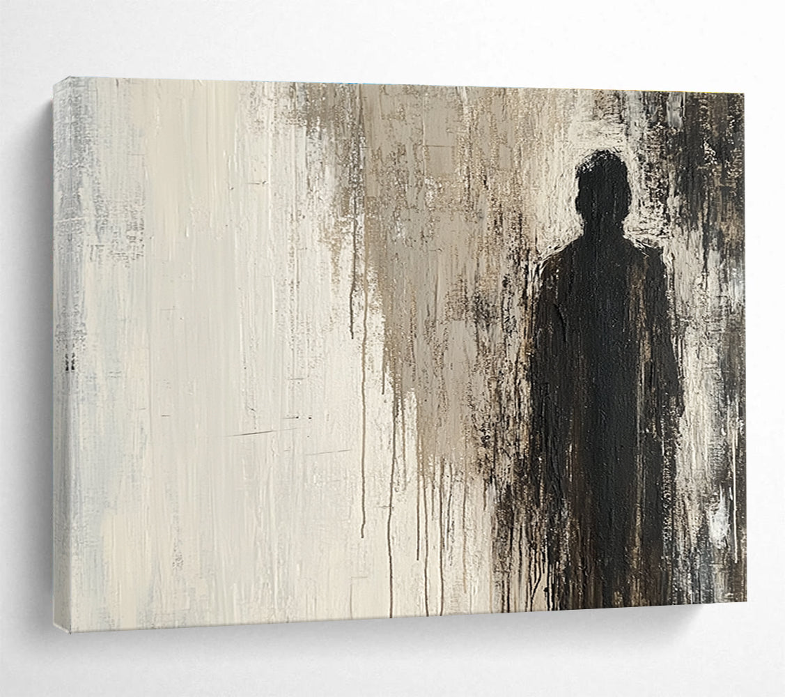 Large abstract grunge painting in neutral tones featuring a mysterious silhouette in a cracked surface evoking curiosity and unease.SC051