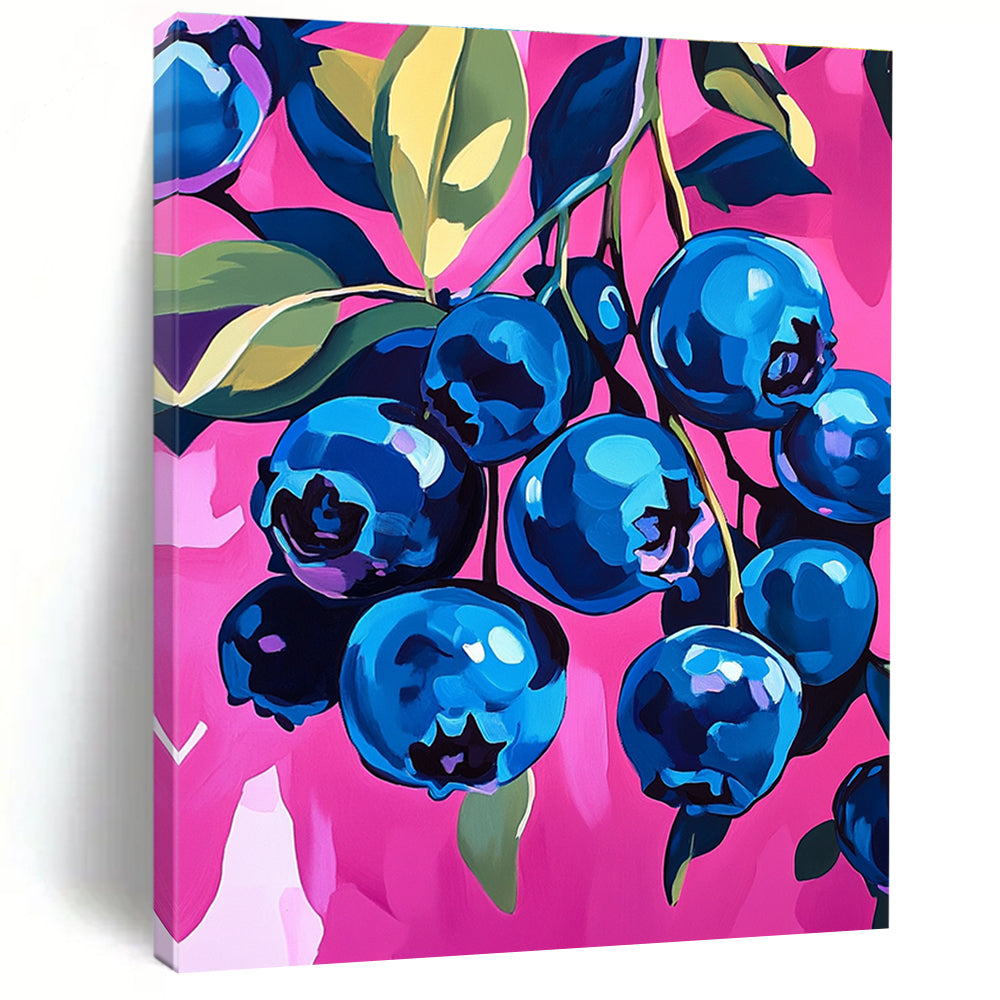 A large abstract painting of vibrant blueberries on a pink background featuring bold brushstrokes and dynamic textures that enhance any space.STSC1226