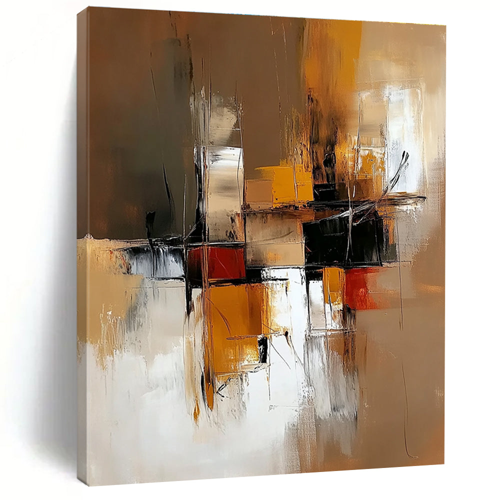 Abstract painting of an industrial space featuring warm brown and yellow tones with low contrast and clean brush strokes for a modern aesthetic.STSC648