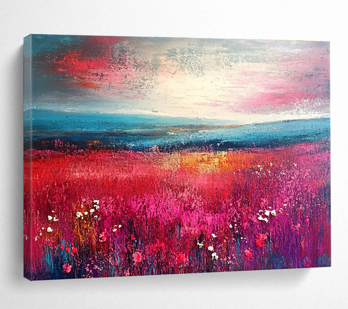An abstract landscape featuring vibrant pink and teal brush strokes merges into a field of flowers, guiding the eye towards a distant horizon.SC314