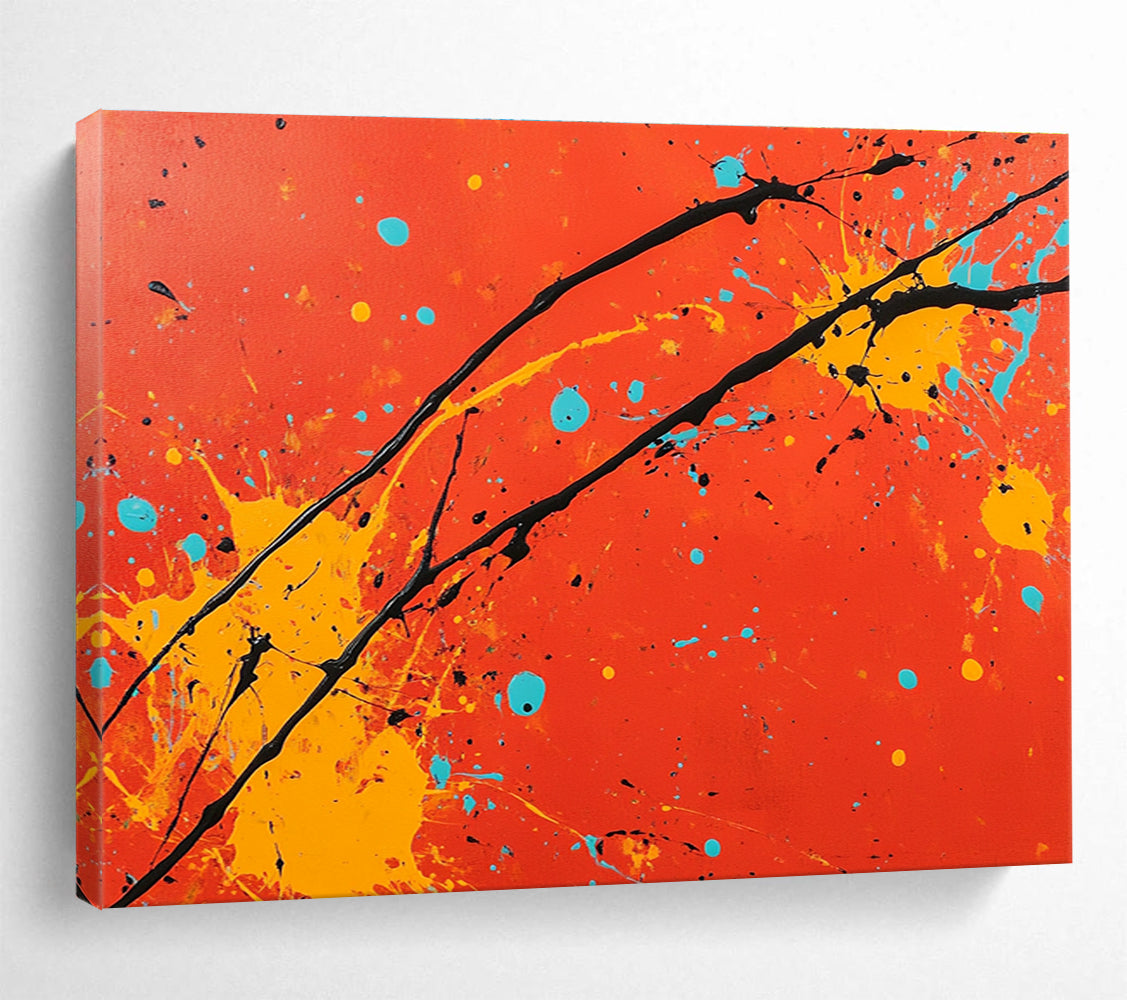 An abstract painting featuring a red background with orange and yellow splashes black lines and light blue accents in the style of Jackson Pollock.SC531