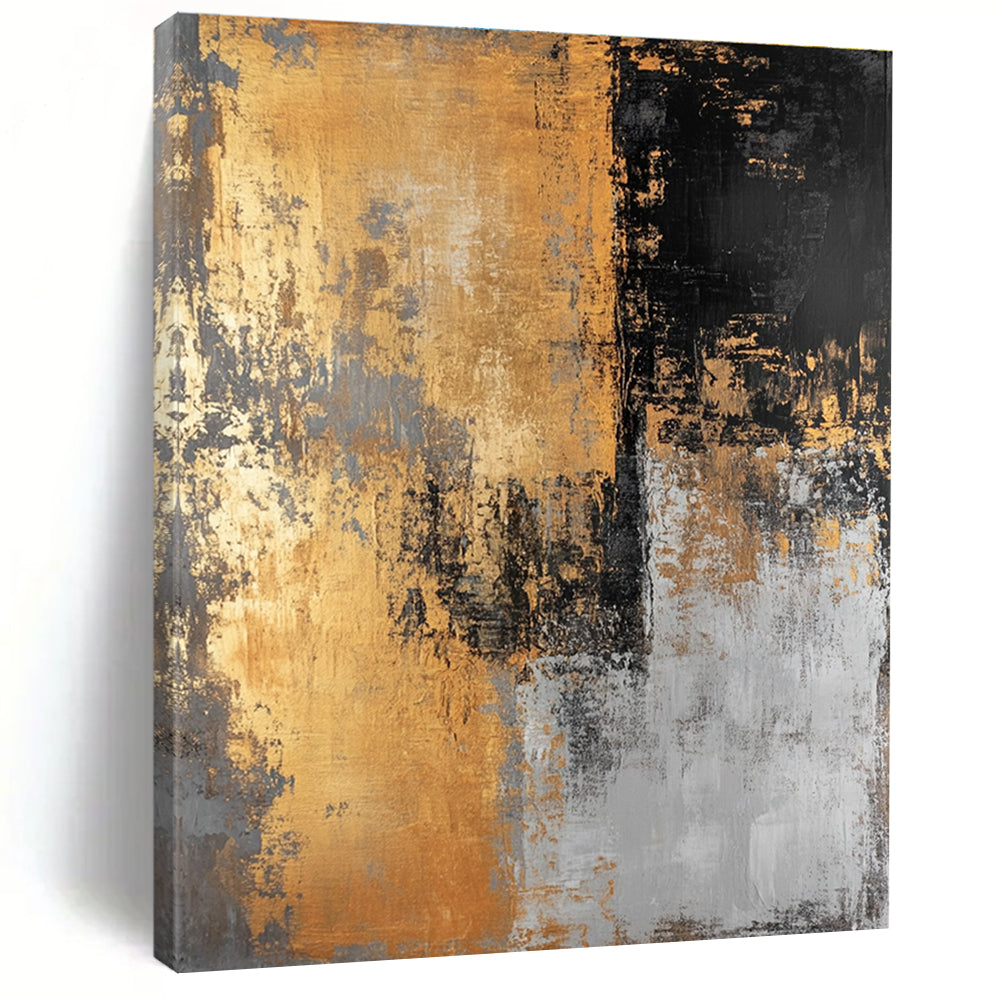 Large abstract painting in golden black and gray hues creates a striking visual impact perfect for modern decor.STSC576