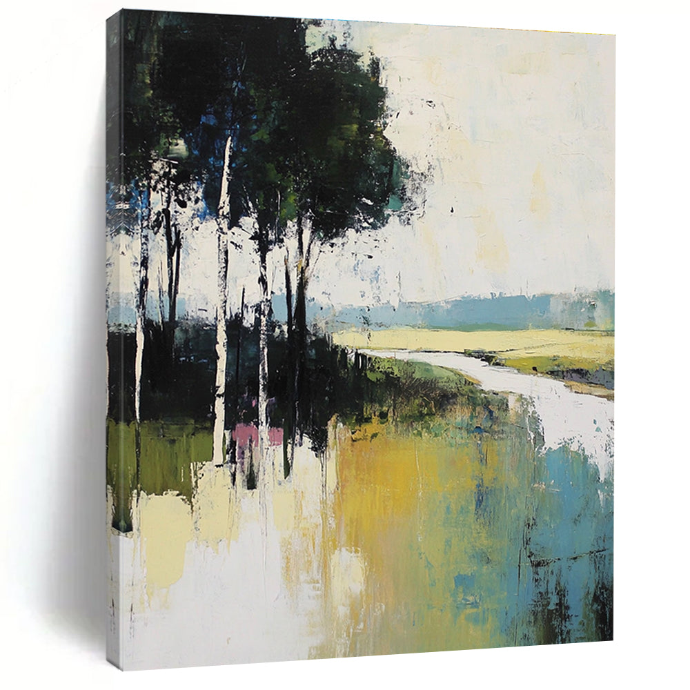 Large abstract painting featuring muted greens blues and whites depicting tranquil nature with tall trees and a serene river flowing through grassy fields.STSC100
