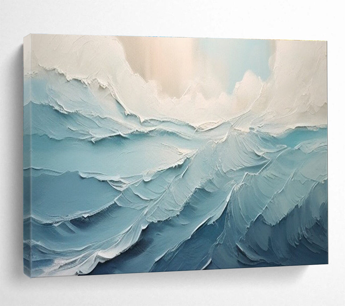 Textured Sea Waves Abstract Painting with Blue and White Tones THY227