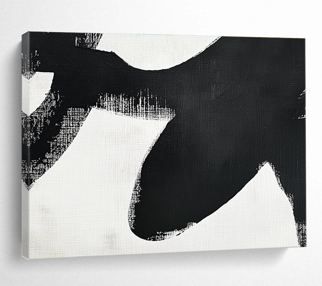 Large abstract painting in black and white featuring simple shapes and broad brush strokes inspired by an orca's tail flippers.SC016