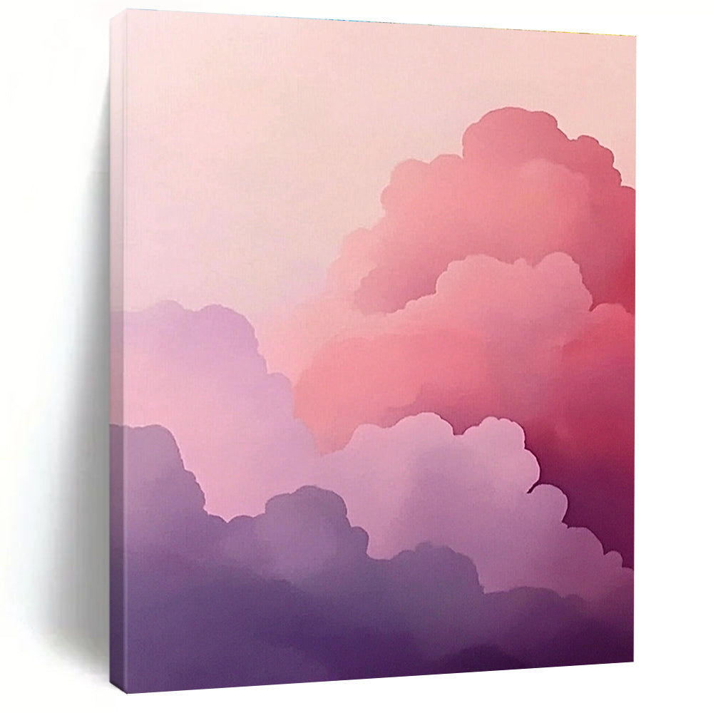 A large abstract painting featuring pink clouds in a minimalist style with soft purple and gray hues creating a dreamy atmosphere.STSC1160