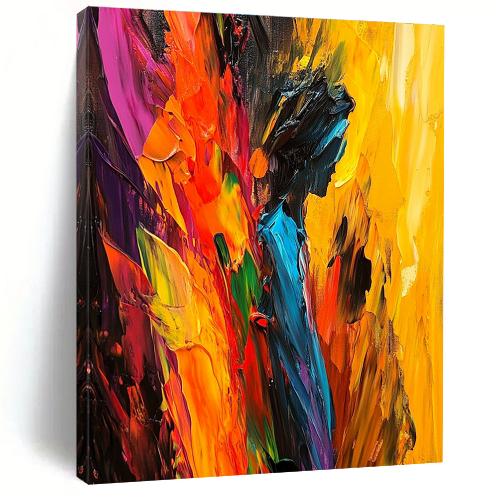 Large abstract painting with bold strokes vibrant colors and a dynamic central figure offering depth energy and passion.STSC938