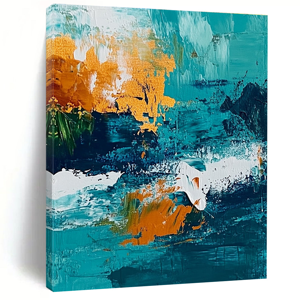 Large abstract painting of the ocean featuring a vibrant teal and amber color scheme with textured brush strokes.STSC705