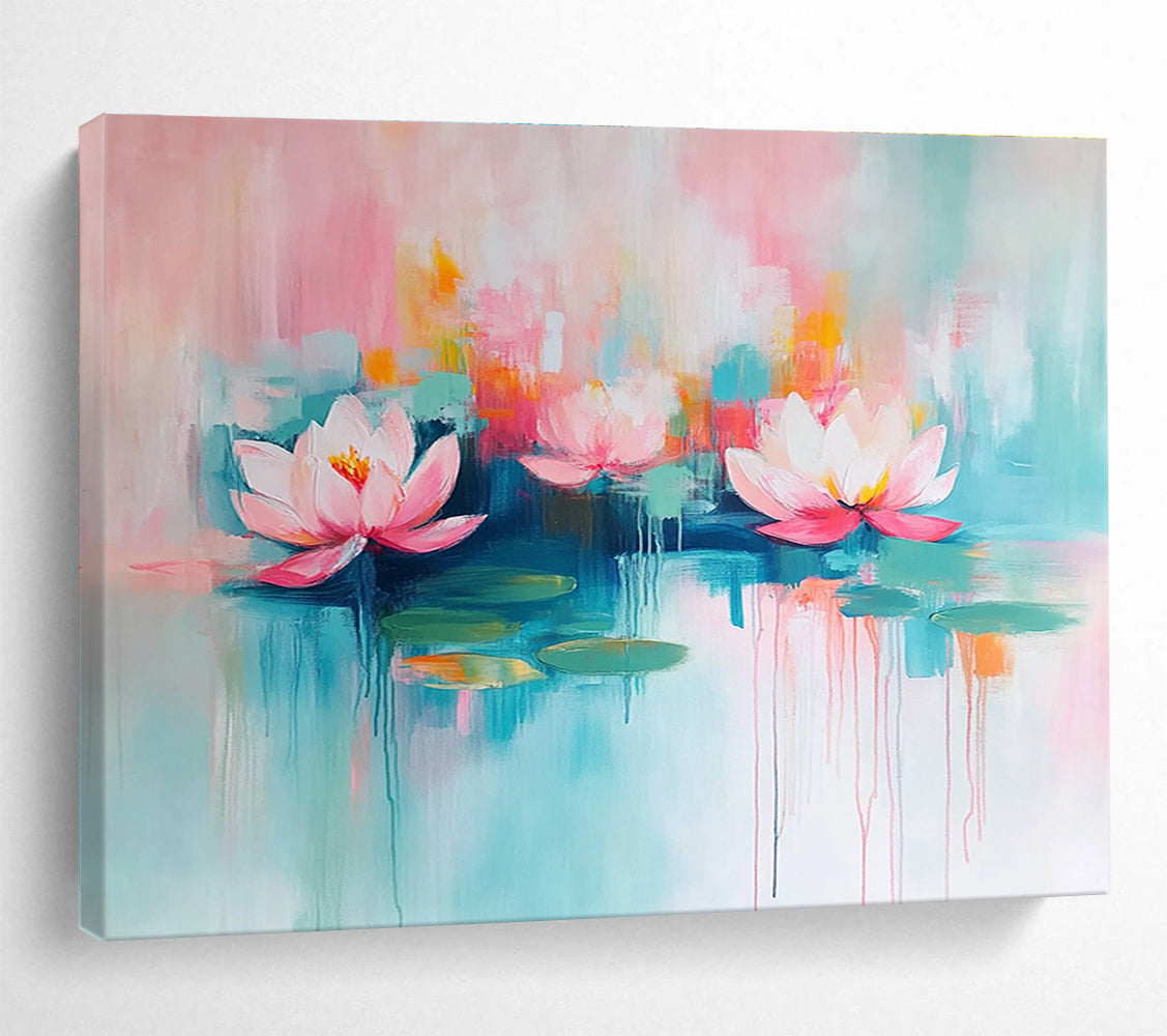 Large abstract painting featuring pink and turquoise water lilies with thick brush strokes on canvas.SC197