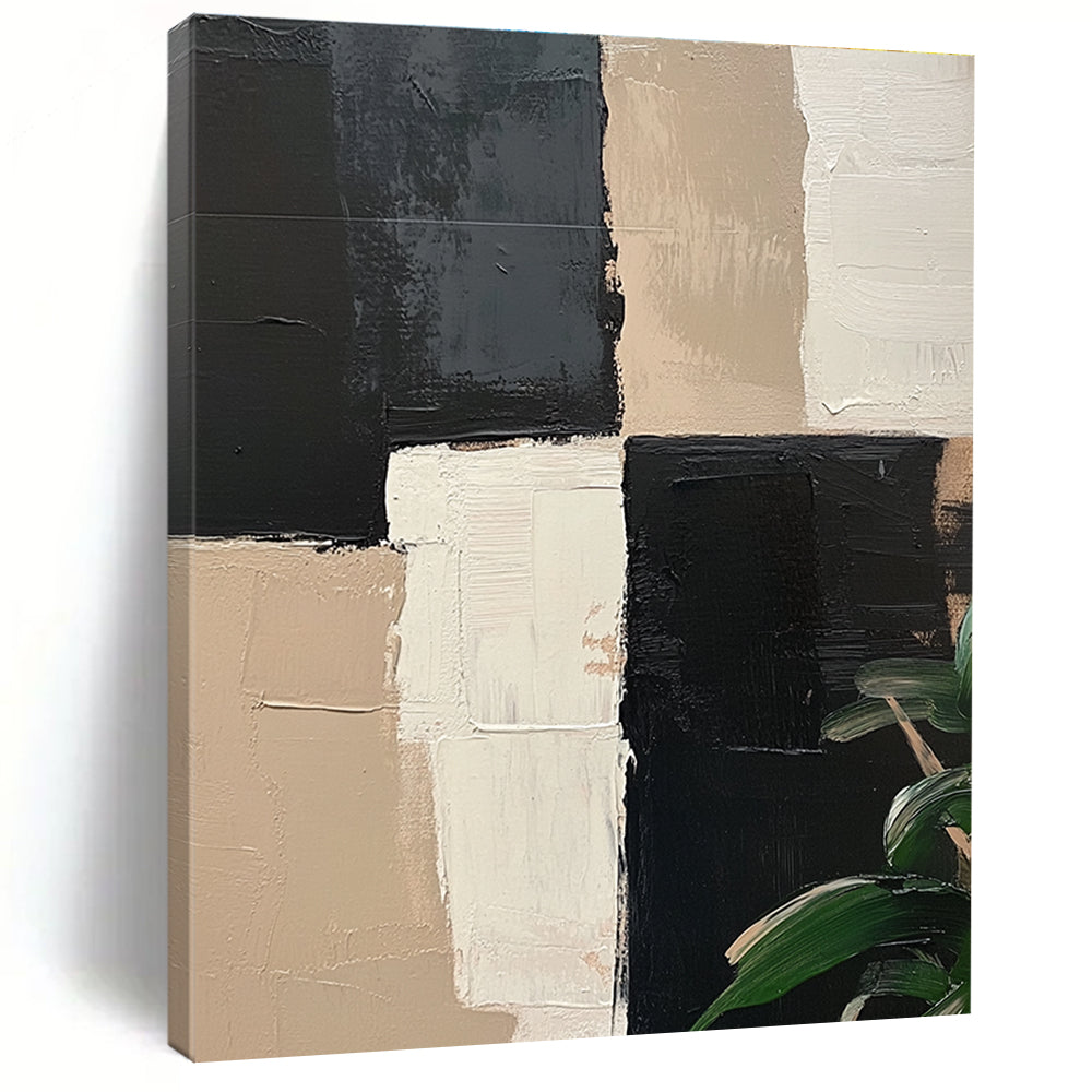 Black Beige and White Abstract Painting with Geometric Blocks GER052