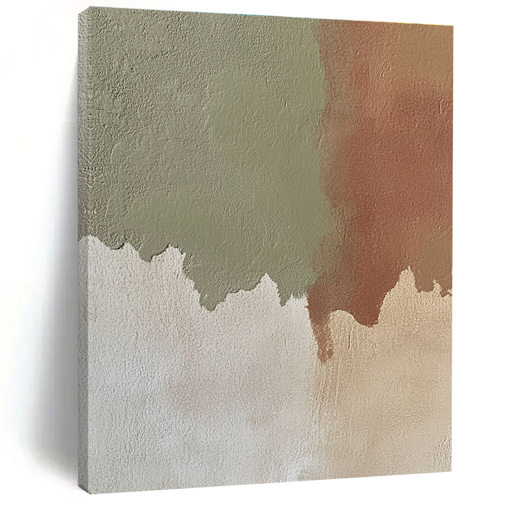 Abstract hand-painted artwork featuring beige paint with green shadows and reddish-brown shapes showcasing neutral tones and subtle color contrast.STSC488