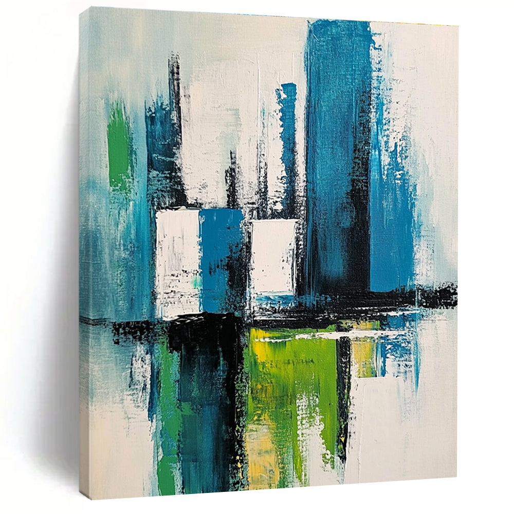 Large abstract painting of a cityscape in blue green and white with thick expressive brush strokes and a minimalistic style.STSC281