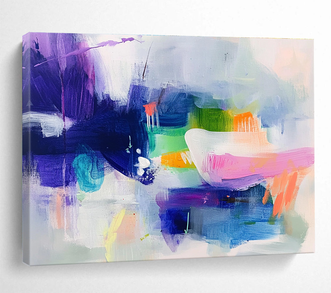 Large abstract painting featuring cool colors with soft shapes suggesting houses and flowing water creating a serene dreamy atmosphere.SC342
