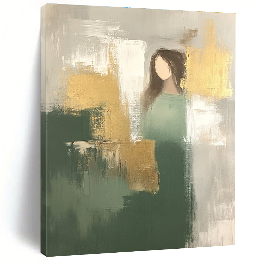 Large abstract painting featuring minimalistic shapes in neutral green and beige with gold accents creating a soft atmospheric beauty.STSC242