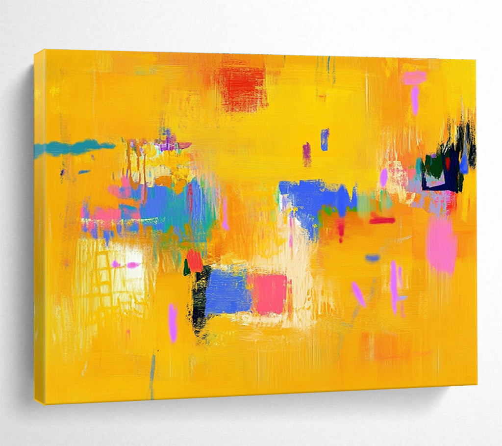 Bright Yellow Abstract Painting with Colorful Accents DYP306
