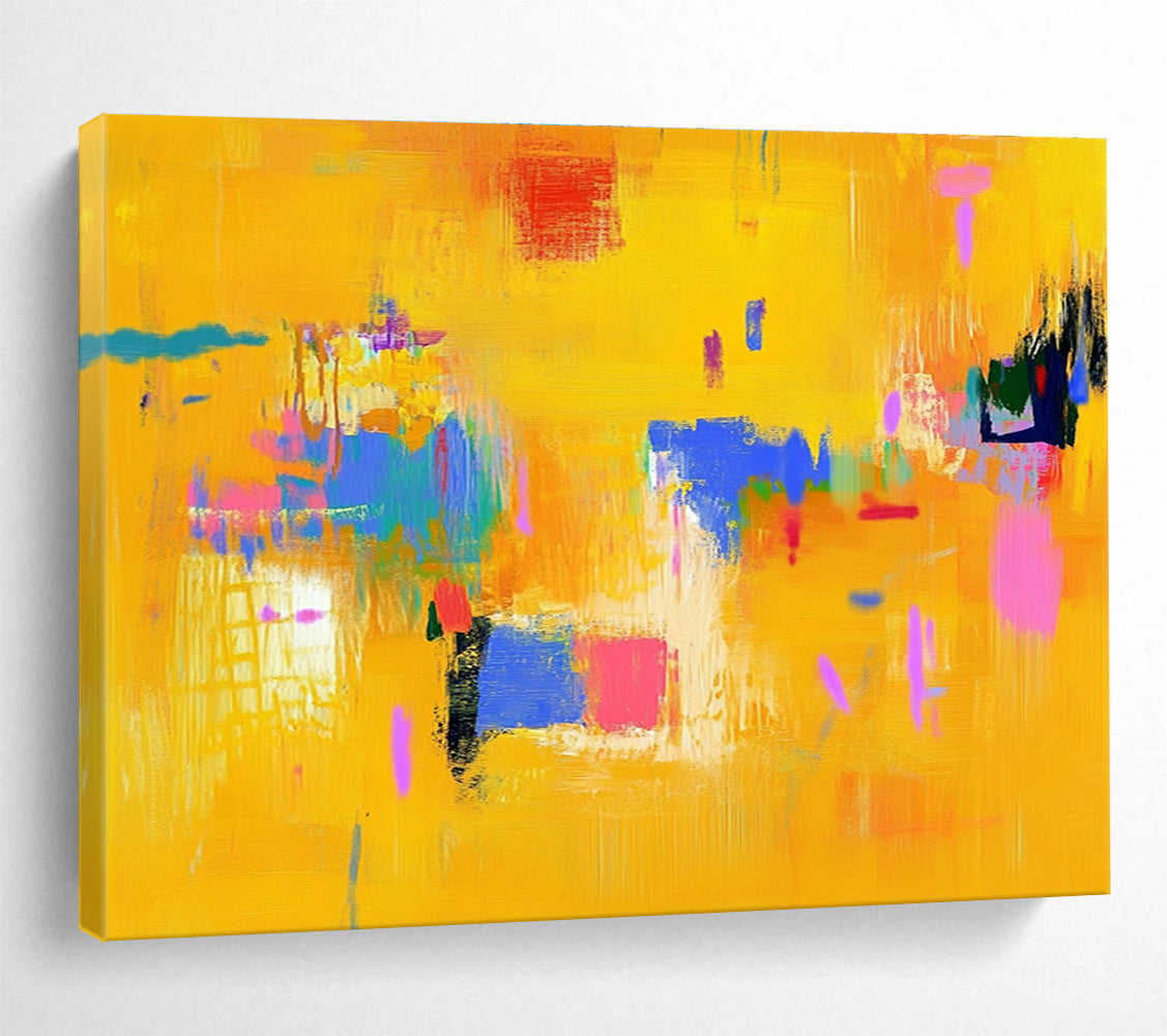 Bright Yellow Abstract Painting with Colorful Accents DYP306
