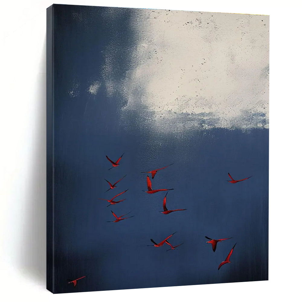 Red Birds in Blue Sky Abstract Painting with White Accents ADGE500