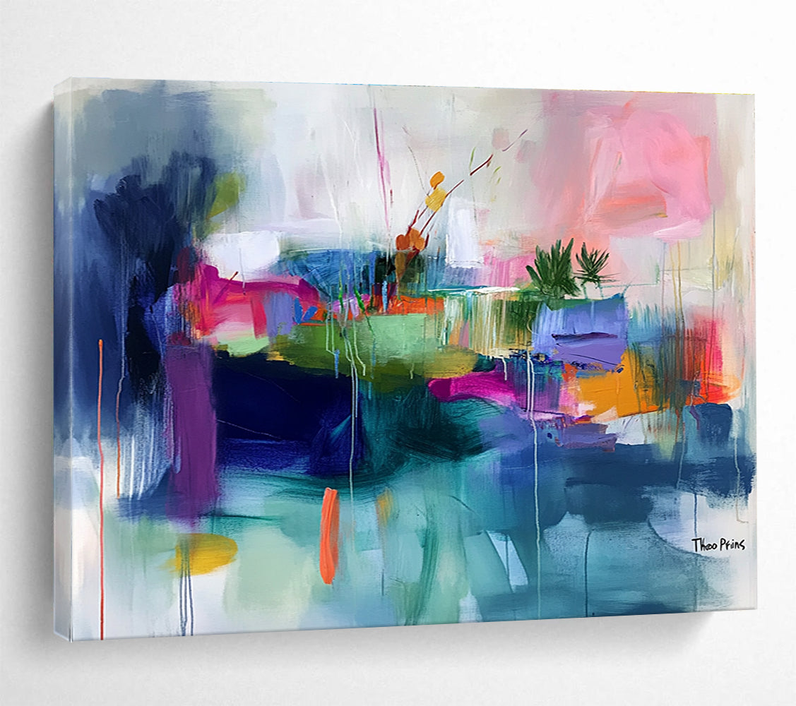 Large abstract painting featuring an island with vibrant brush strokes in pink green blue orange and more, emphasizing lively colors and fluid lines.SC372