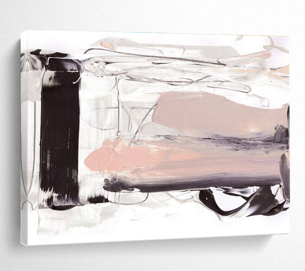 Neutral Tone Abstract Painting with Black, White, and Beige THY143