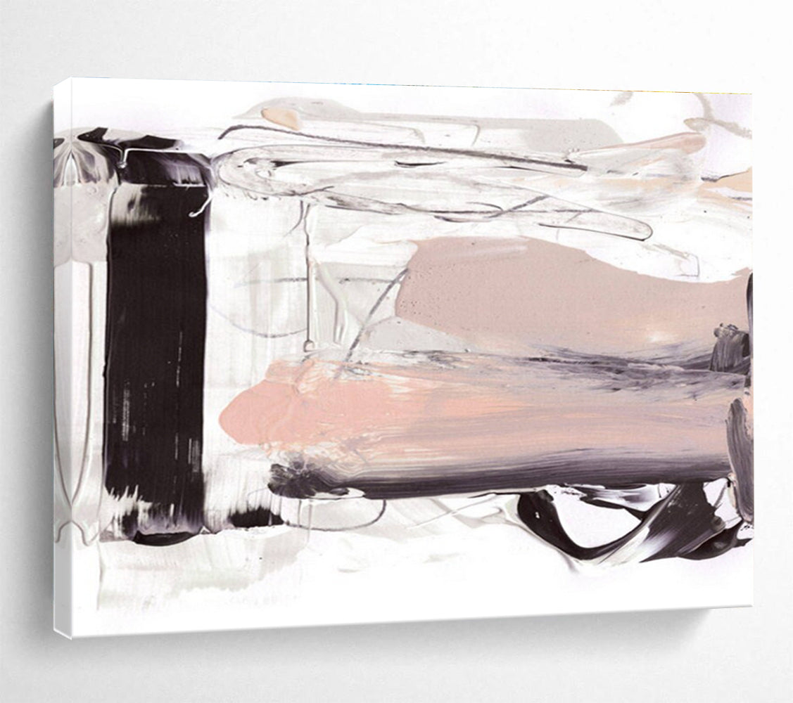 Neutral Tone Abstract Painting with Black, White, and Beige THY143