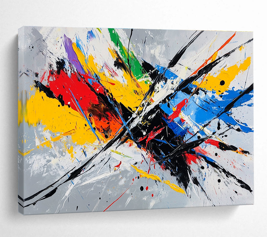Bold abstract painting featuring dynamic lines and vibrant colors, capturing the essence of speed on a gray background.SC156